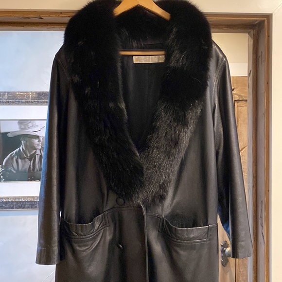 Vintage architect leather & fox fur trench coat - Picture 2 of 10